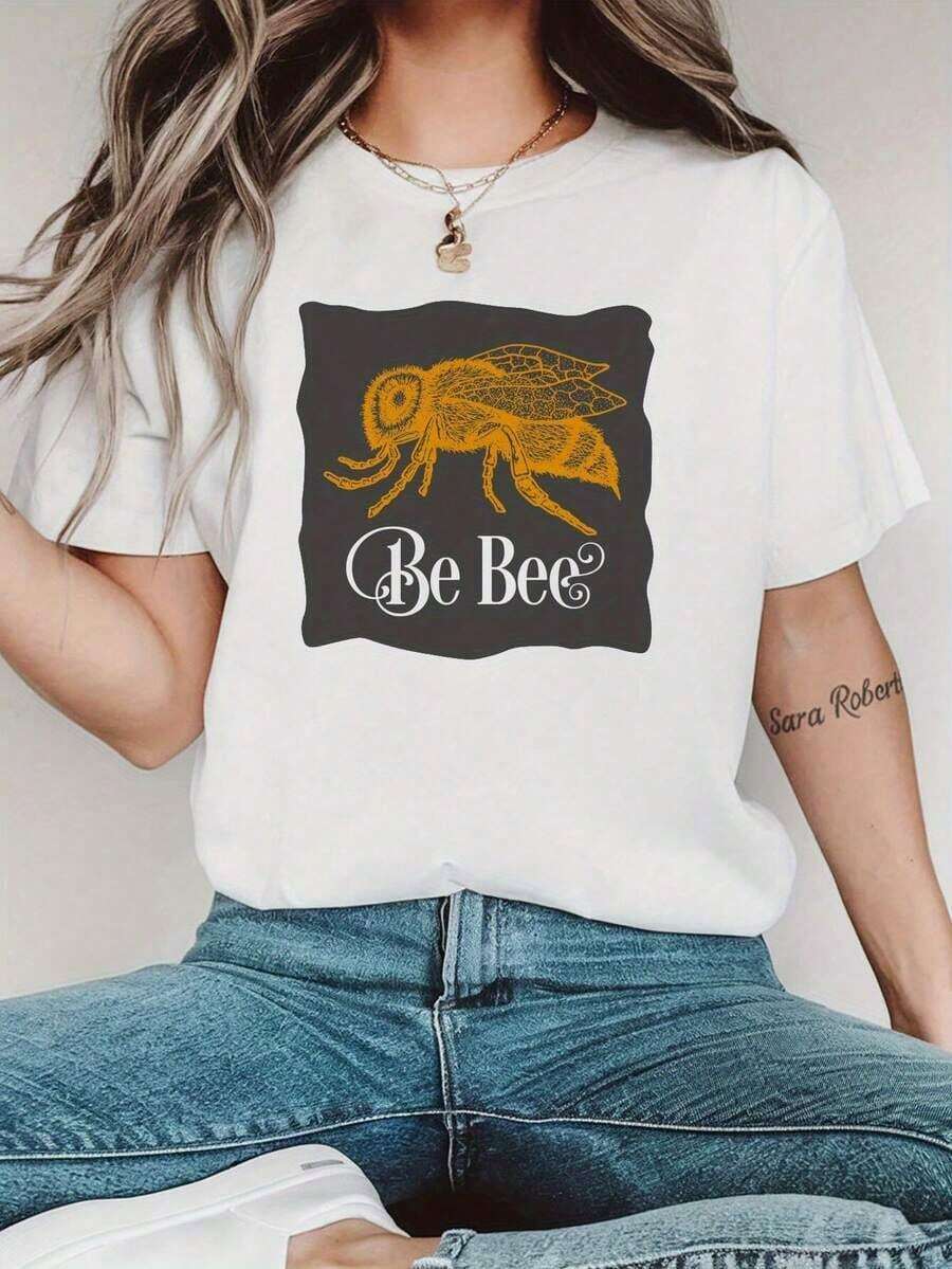 Camiseta Blanca con Estampado de Abeja para Mujer - Top Casual de Manga Corta y Cuello Redondo con Diseño de Animal en Gris Oscuro, Comodidad para Todas las Temporadas, Lavable a Máquina, Ropa para Uso Diario, Camiseta, Ropa Duradera, Camiseta Estampada, para Amantes de la Modablusas para mujer>ropa - Blanco - Ver 1