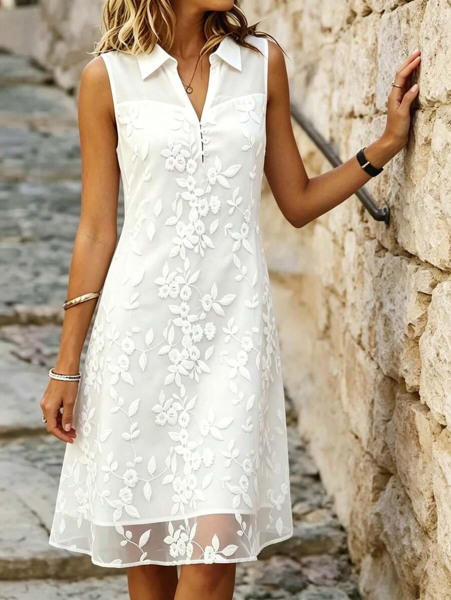 女款夏季洋裝，優雅刺繡貼花網布拼接領口無袖洋裝，適合派對、旅行、日常穿著