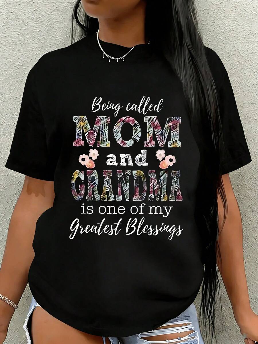 1 pieza de camiseta de algodón puro con cuello redondo para mujer, estampada con diseño del Día de la Madre, de diseño sencillo, cómoda y transpirable, adecuada para uso casual diario, que muestra un estilo natural y elegante, imprescindible para fiestas de verano, envío local, un regalo para esposa, madre o abuela, 180g 100% algodón. - Negro - Ver 1