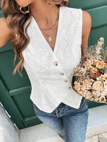 Frenchy Blusa informal de mujer con botones delanteros y sin mangas a rayas, conjunto de ropa de oficina para mujer, ropa de mujer para invierno, atuendos de otoño, camisa blanca de mujer, blusas sin mangas - Blanco - Ver 3