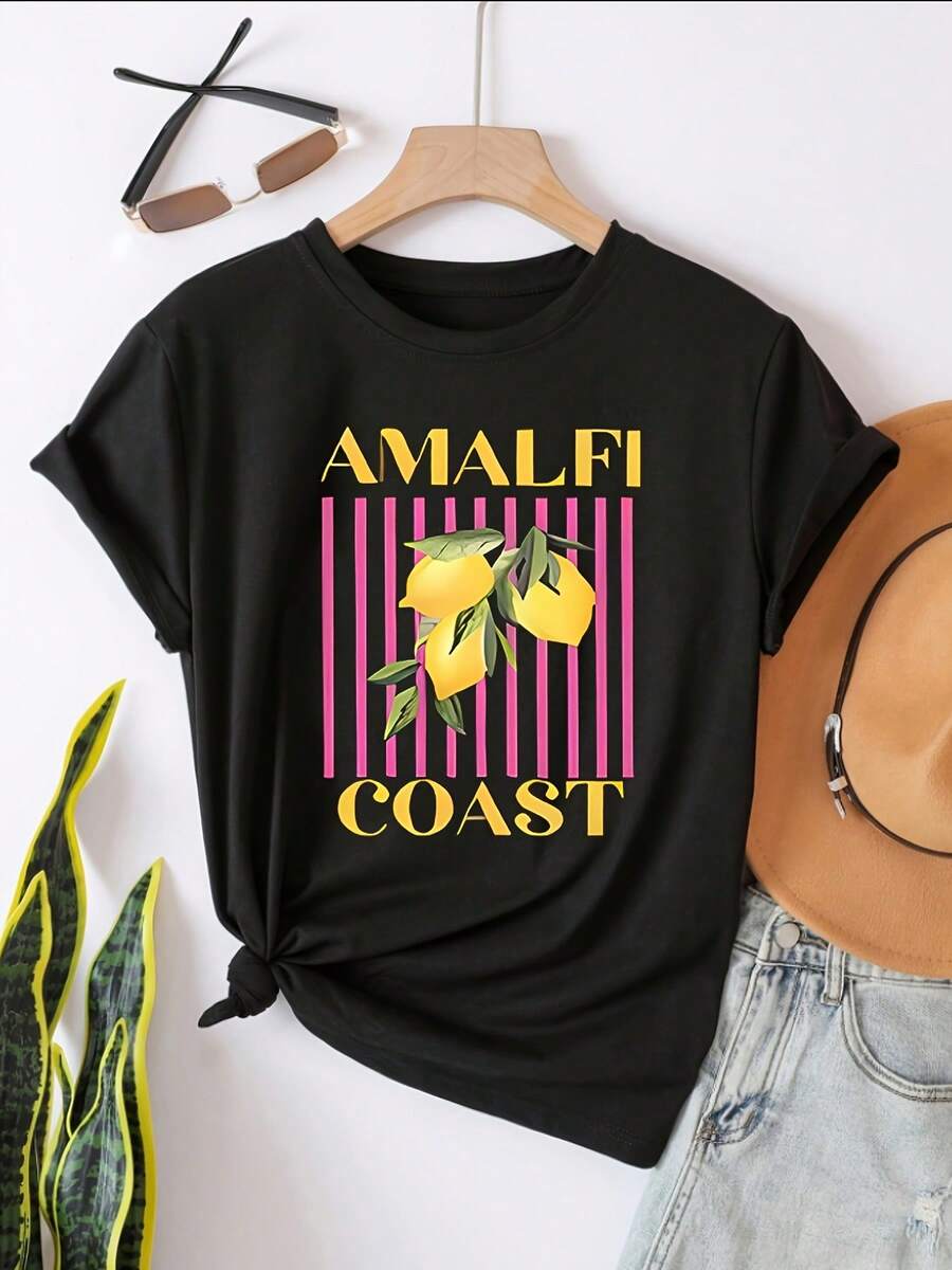 Camiseta de Mujer con Estampado de Limones y Aceitunas de la de Amalfi - Top Casual de Manga Corta y Cuello Redondo con Estampado Costero Italiano, Ideal para Conjuntos de Primavera y Verano, Ropa de Playa, Atuendo Casual, Lavable a Máquina, Diseño de Limonero, 100% Algodón - Negro - Ver 1