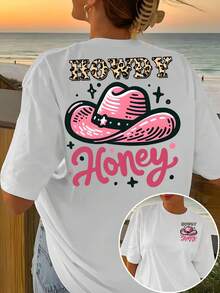 Camiseta de manga corta con estampado frontal y trasero - "Howdy Honey", elegante estampado de sombrero de vaquero - Camiseta de mujer con estampado de moda para primavera/verano, artículo de moda, adecuada para citas de fin de semana, reuniones y viajes. - Blanco - Ver 6