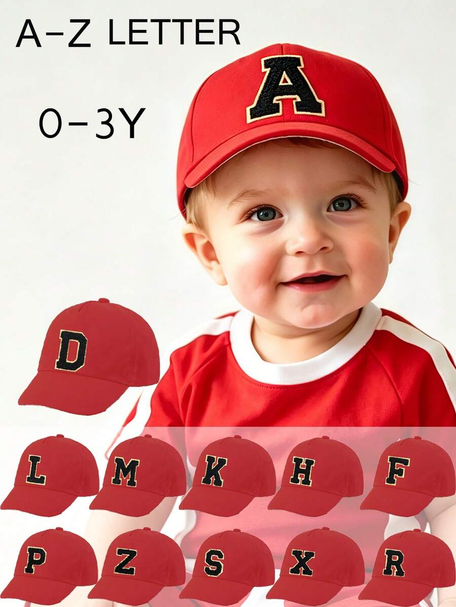1 Pc Letter Children's Red Baseball Cap, Suitable For Spring And Summer Seasons, Boys' Standing Brimmed Hat, UV Resistant Sun Hat, Daily Outdoor Sun Hat For Children Aged 0-3Y - Red - View 1