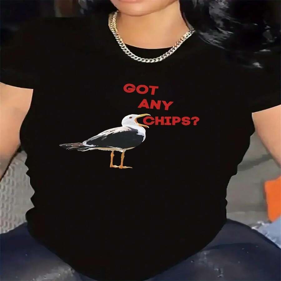 Women's Black Cotton Round Neck T-Shirt With Funny Seagull 'Got Any Chips?' Print, Short Sleeve Casual Fit - 黑色 - 查看 1