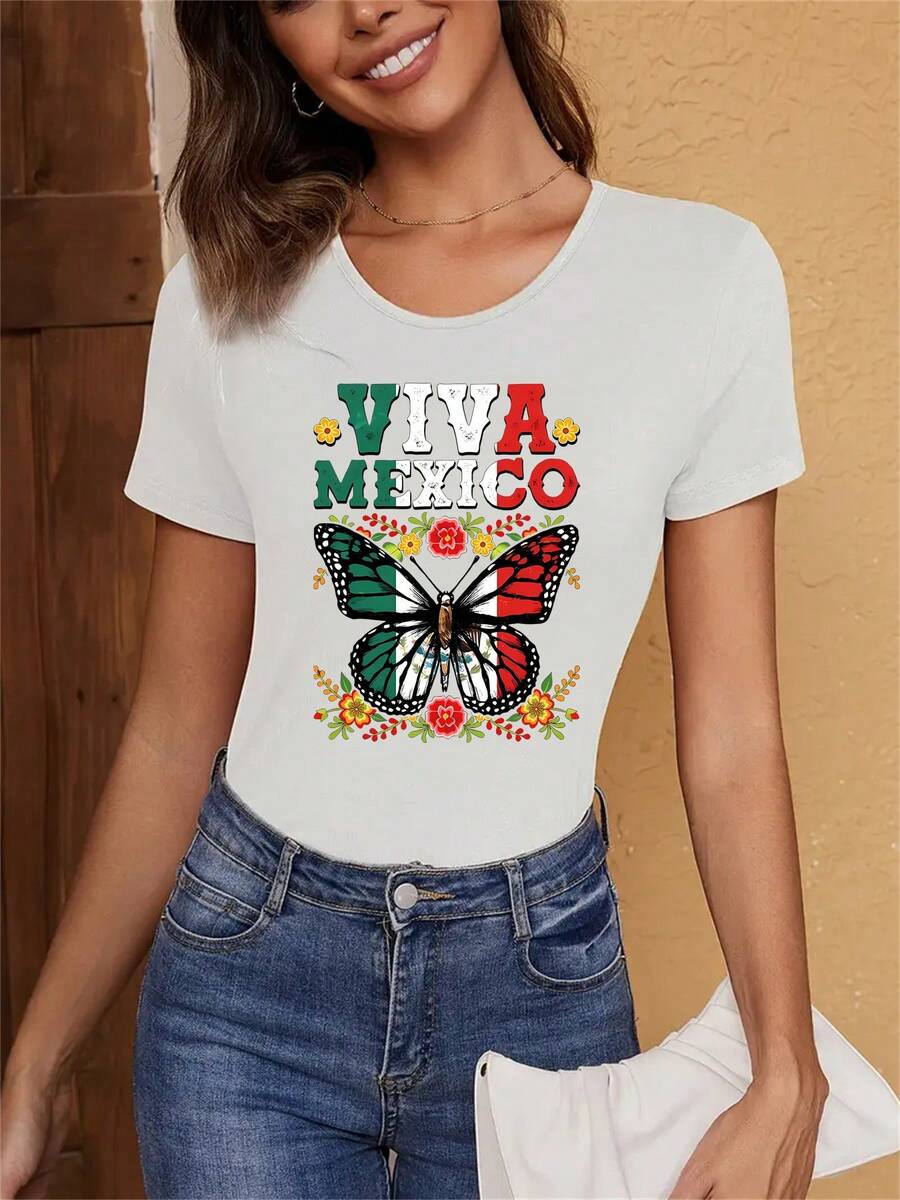 Celebrando el espíritu mexicano: Camiseta "Viva México" estampada con coloridas mariposas. Elegante camiseta deportiva casual de cuello redondo para mujer, cómoda para las cuatro estaciones, ¡una prenda que seguramente te encantará! --Camiseta cómoda y relajada para el tiempo libre. - Blanco - Ver 1