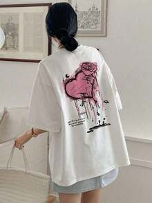 Camiseta de manga corta personalizada para mujer, nueva colección de verano, con estampado de corazón, diseño sencillo, corte holgado, estilo casual, cuello redondo - Camiseta unisex de algodón, estilo vintage urbano, cuello redondo y manga corta. - Blanco - Ver 5