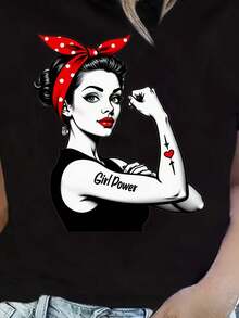 Women's T-Shirt With  Graphic Print Inspired By Power Rosie Riveter - Black Empowerment Design With Red Ribbon And "We Can Do It!" Casual Short Sleeve Crew Neck T-Shirt With Breathable Design - 黑色 - 查看 1
