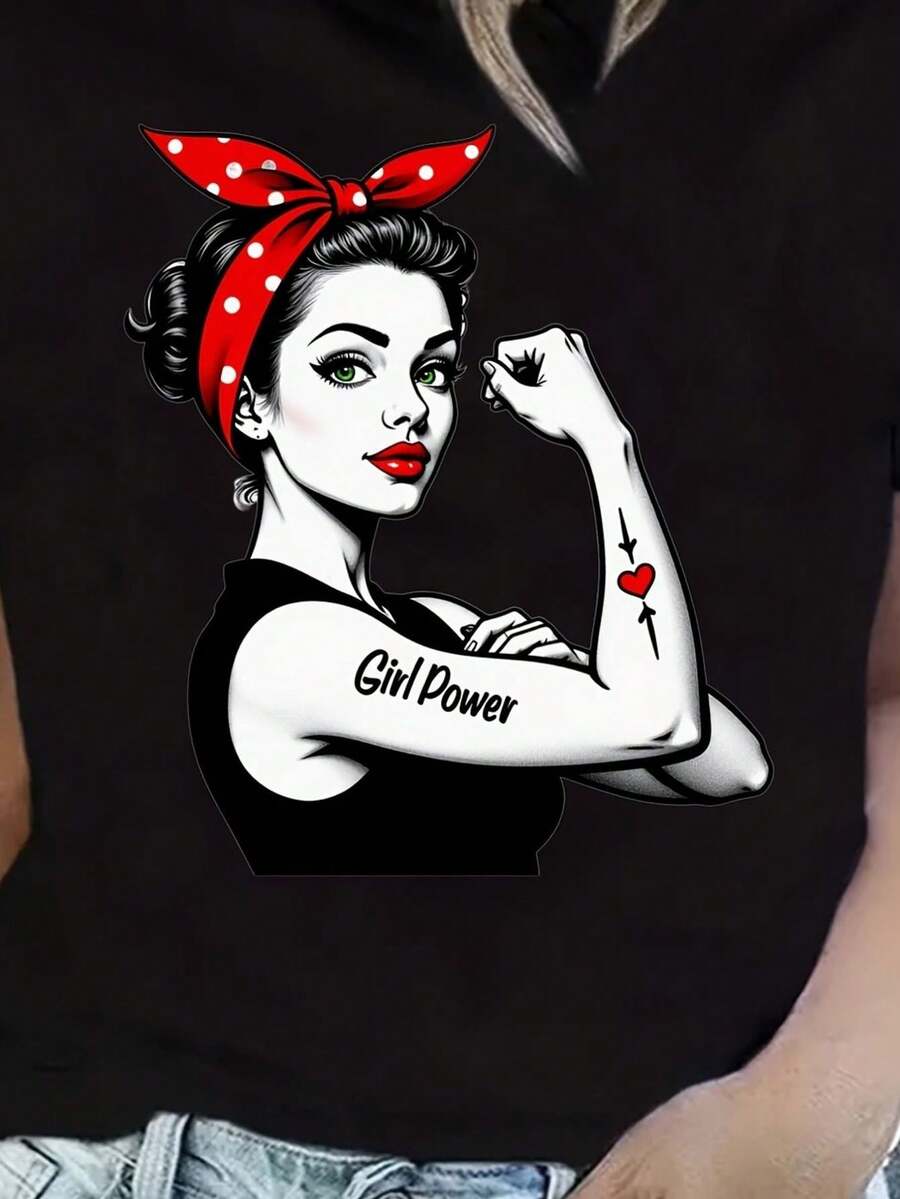 Women's T-Shirt With Graphic Print Inspired By Power Rosie Riveter - Black Empowerment Design With Red Ribbon And "We Can Do It!" Casual Short Sleeve Crew Neck T-Shirt With Breathable Design - 黑色 - 查看 1