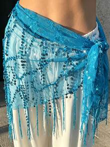 Women Belly Dance Sequin Tassel Hip Scarf Triangle Belt Wrap Skirts Music Festival Sheer Mesh Waist Chain - 藍色 - 查看 2