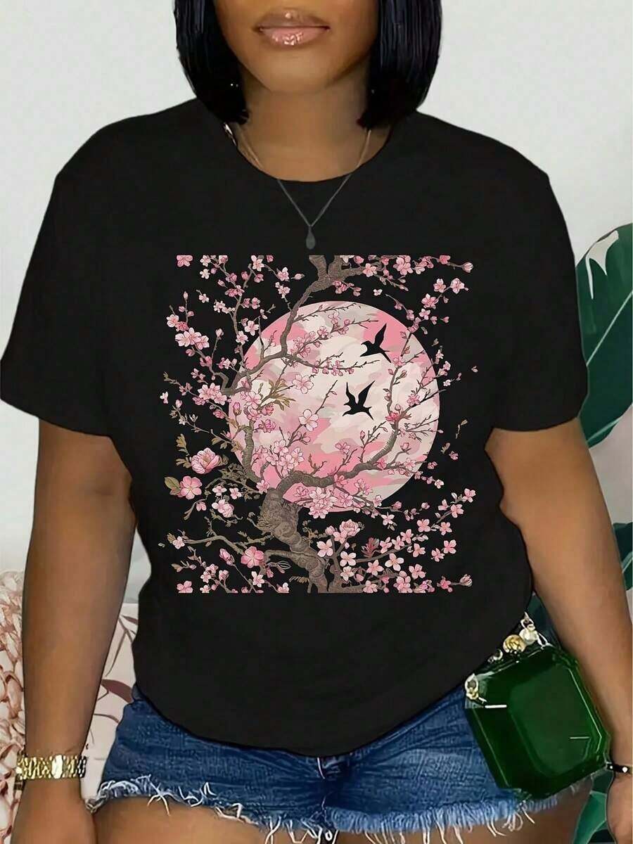 [Casual T-Shirt] Women's Breathable Polyester T-Shirt With Cherry Blossom Print, Casual And Sporty, Round Neck, Short Sleeve, With Ripped Denim And Sunflower Details. - 黑色 - 查看 1