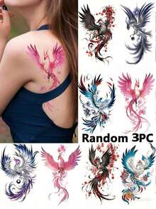 3pcs Vivid Colorful Phoenix Temporary Tattoo Stickers, Waterproof Realistic Tattoo Stickers Suitable For Women & Adults, Half Sleeve Tattoo, Body Tattoo, Can Be Used With Girlfriend - Multicolor - View 13
