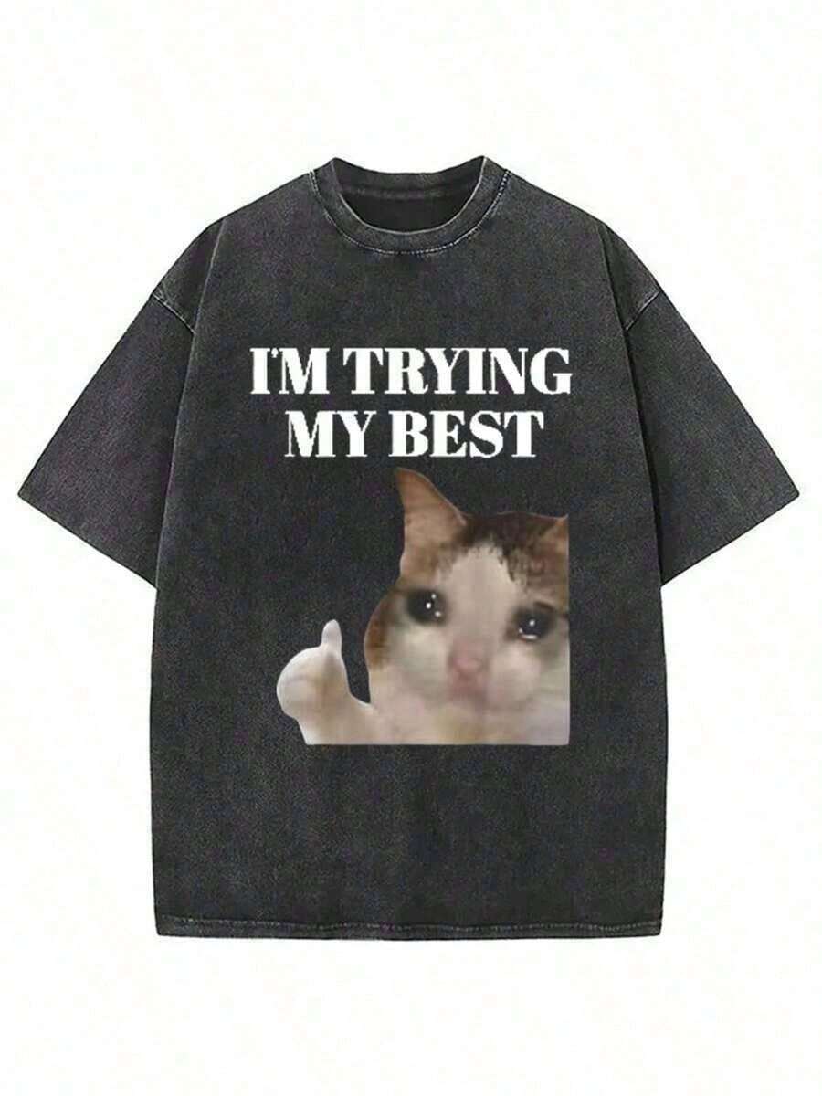1 Piece Funny Graphic T-Shirt With Cat Design, Men's Cotton T-Shirt, 230g, Washed Short Sleeve T-Shirt, Suitable For Halloween, Christmas And Spring Festival Gifts, 180g. - 黑色 16 - 查看 1