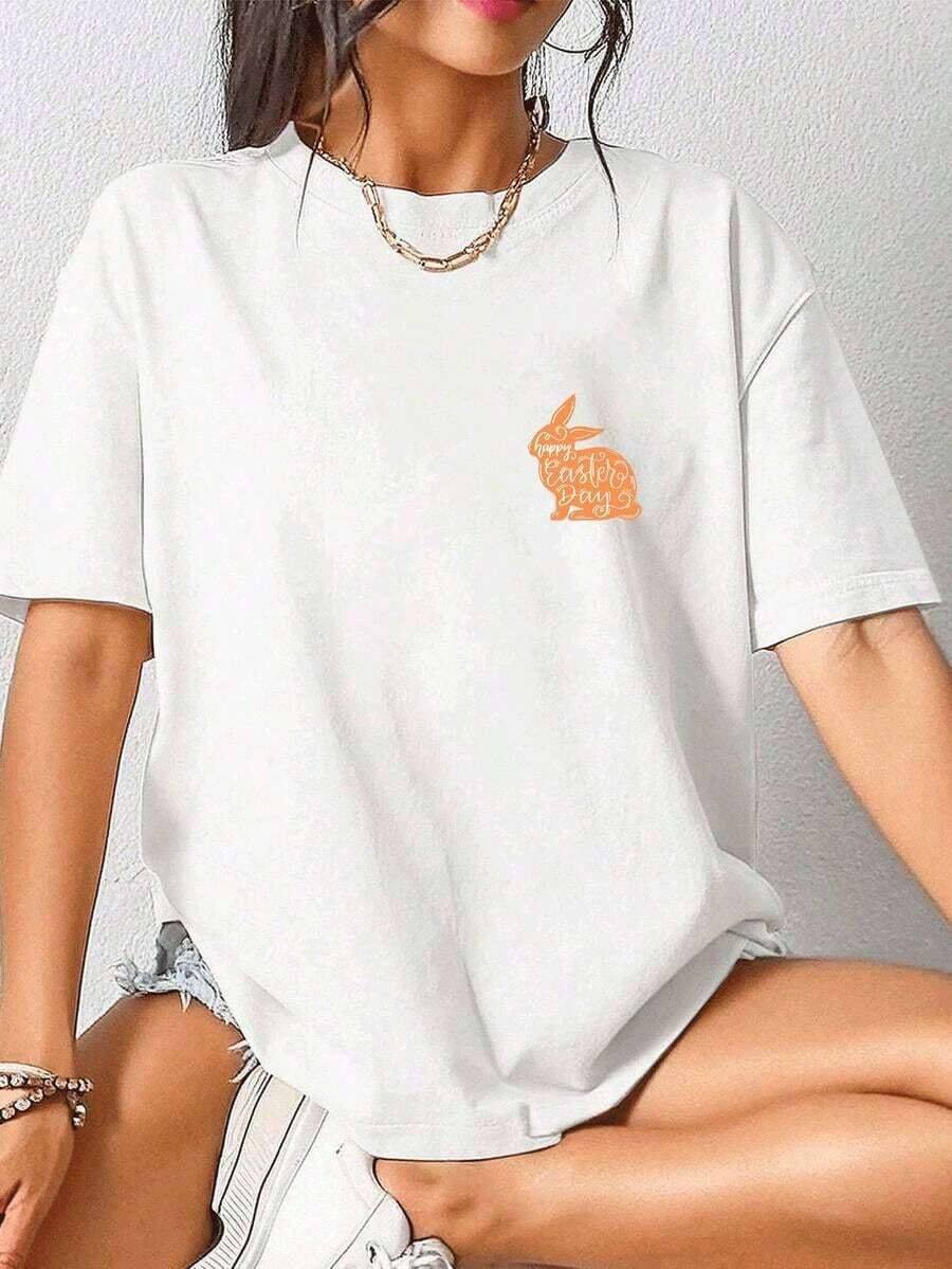 Women's Premium Quality, Casual, Slim-Fit, Printed Cotton Short-Sleeve T-Shirt. This Shirt Features A Cute Easter Bunny Print, Is Soft And Comfortable, And Is Suitable For Everyday Wear. It's A Versatile Top With A Print On The Left Side Of The Chest. . - 白色 - 查看 1