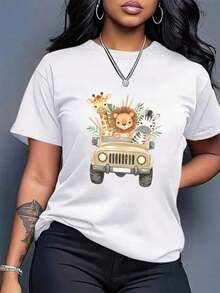 Camiseta de mujer de gran tamaño con estampado vintage de animales de safari - Top casual de ajuste suelto con diseño de jirafa y león, camiseta blanca de manga corta para primavera y verano para atuendos casuales y eventos temáticos (sin relleno en el pecho, tela transpirable), atuendo de safari para mujeresPure-Cotton - Blanco - Ver 3