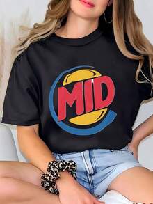 100% Cotton T-Shirt With Fun "MID" Retro Logo Print, Casual Short Sleeve T-Shirt For Women, Streetwear, Urban Style, And Playwear, Soft Breathable Top For Daily Wear And Outings, Plus Size Available - 黑色 - 查看 1
