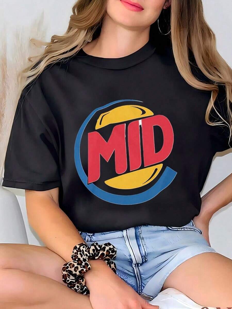 100% Cotton T-Shirt With Fun "MID" Retro Logo Print, Casual Short Sleeve T-Shirt For Women, Streetwear, Urban Style, And Playwear, Soft Breathable Top For Daily Wear And Outings, Plus Size Available - 黑色 - 查看 1