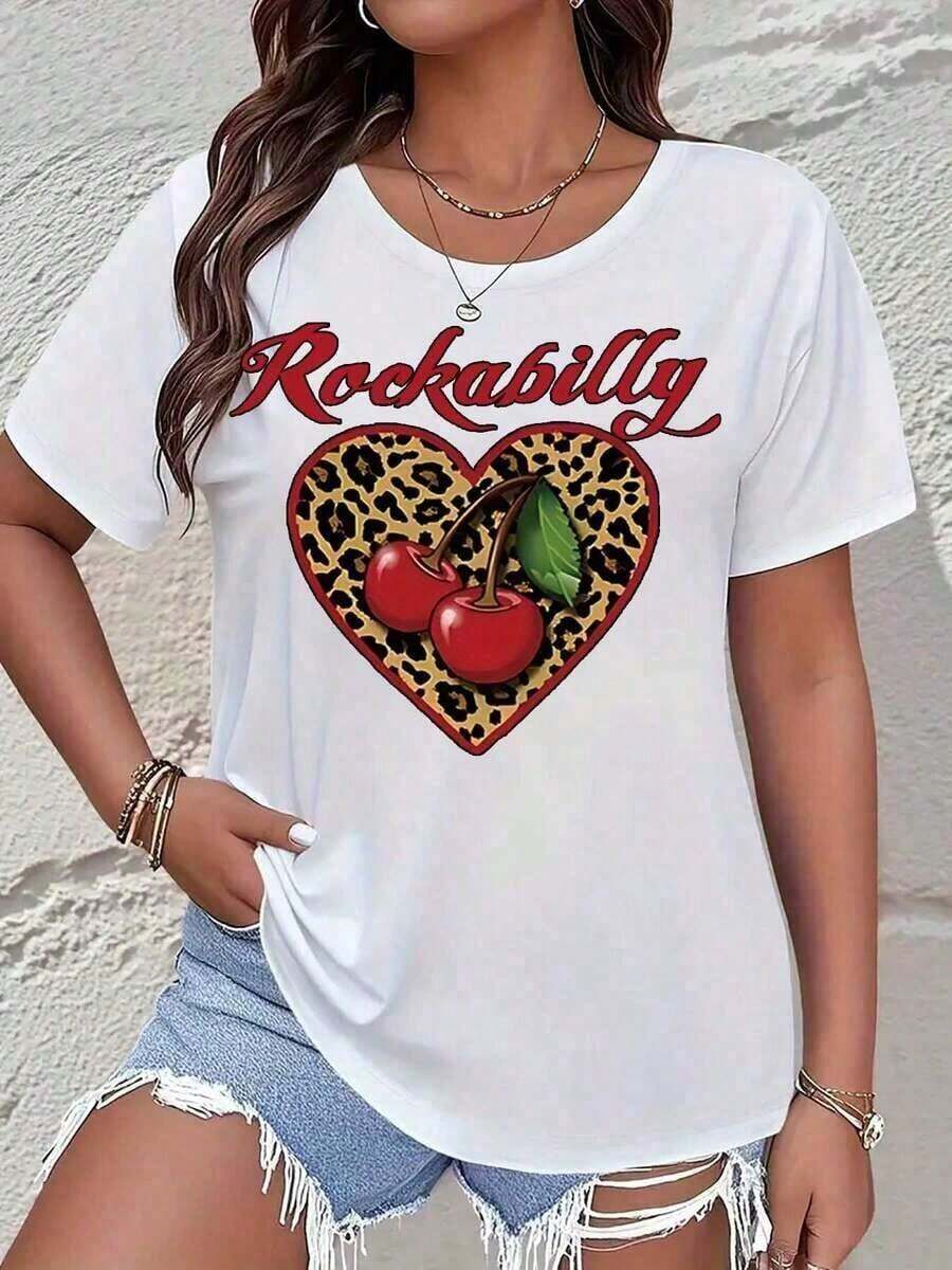 Women's Cotton T-Shirts, Rockabilly T-Shirt With Leopard And Cherry Heart Print, Vintage Style, Casual Top For Women For Party, Date Night Or Daily Wear, Women's Clothing, Basic Blouses - 白色 - 查看 1