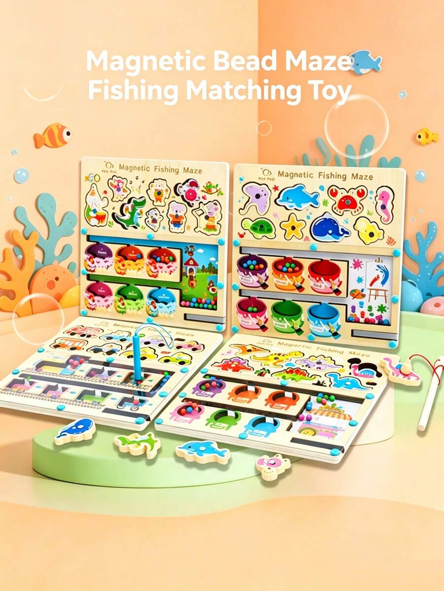 Multifunctional Wooden Magnetic Bead Maze Toy, Counting Color Shape Matching Magnetic Fishing Game For Toddlers, Improve Concentration Hand-Eye Coordination
