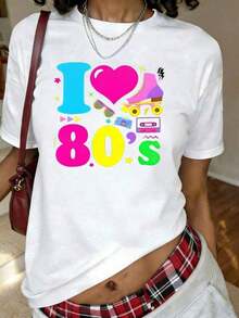 Mexican T-Shirt With Retro Neon Print 'I Love The 80's', Short Sleeve, Round Neck, Casual Top For Summer And Spring, Women's Clothing, Fashionable Summer Cotton T-Shirt - 白色 - 查看 11