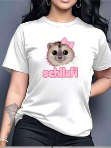 Schllafi Women's T-Shirt With Cat Face Design - 180g Short Sleeve Crew Neck T-Shirt, Suitable For Summer Music Festivals, Casual Daily Wear And Team Activities, Machine Washable Without Hemming - Unisex Vintage Urban Style Cotton Short Sleeve Crew Neck T-Shirt. - 白色 - 查看 1