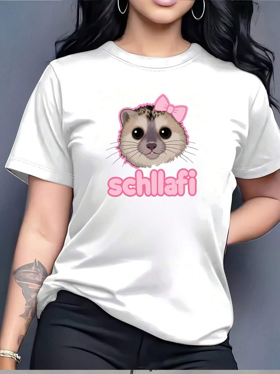 Schllafi Women's T-Shirt With Cat Face Design - 180g Short Sleeve Crew Neck T-Shirt, Suitable For Summer Music Festivals, Casual Daily Wear And Team Activities, Machine Washable Without Hemming - Unisex Vintage Urban Style Cotton Short Sleeve Crew Neck T-Shirt. - 白色 - 查看 1