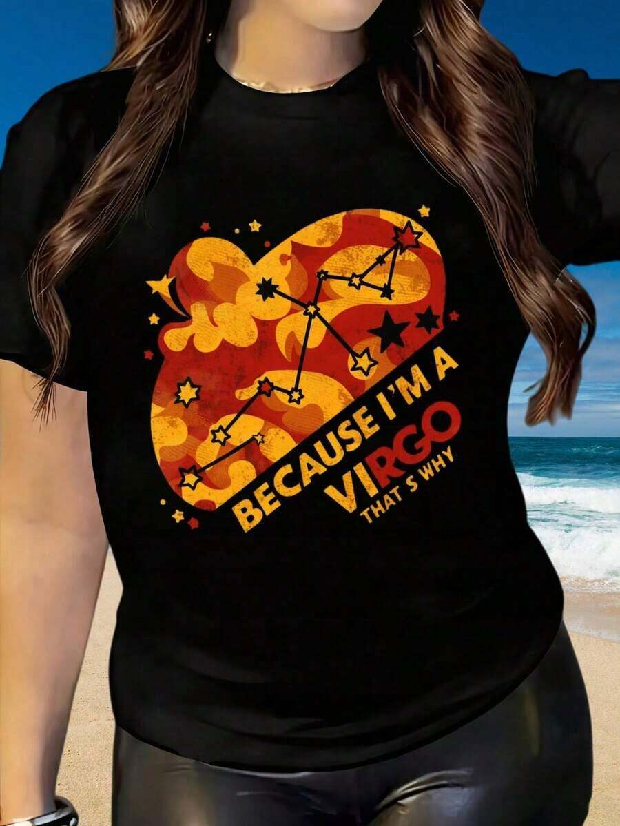 Women's Summer Casual T-Shirt, Round Neck, Short Sleeve, Fun Print, Because I'm Virgo, That's Why? Zodiac Sign T-Shirt, Women's Fashion Graphic T-Shirt, Star Constellation Design, Superior For Astrology, Suitable For Lovers, For Christmas, Group Sports, Holiday Activities, Festivals And Sporting Events, And Other Holiday Gifts. Fashion - 黑色 - 查看 1