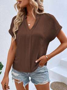 Blusa de mujer de unicolor y cuello en V minimalista de manga corta - Café integral - Ver 6