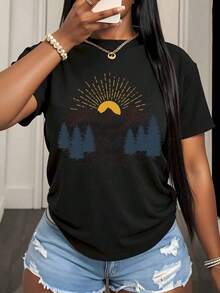 Women's Nature-Inspired Mountain Sunset Landscape Print T-Shirt For Outdoor Adventures, Summer Casual Wear With Pine Tree And Sun Design, 220g - Urban Vintage Style, Unisex, 100% Pure Cotton, Short Sleeve, Crew Neck - 黑色 - 查看 3