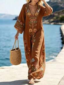 Holidaya Vestido largo y suelto con estampado floral, vestido casual de playa, vestido largo con estampado floral como cubierta, adecuado para vacaciones, viajes, playa, ocio al aire libre, vida diaria, compras, reuniones con amigos, viajes al sudeste asiático/islas, eventos temáticos, fiestas de verano al aire libre, picnics, atuendo ligero para vacaciones - Amarillo - Ver 9