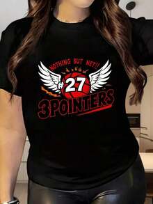 Nothing But Net 27 3pointers Women's Short Sleeve Crew Neck T-Shirt, Women's Basketball T-Shirt, Casual Short Sleeve Graphic Print T-Shirt, Fashionable Sports Top. The Interesting Basketball League Game Print Pattern Is Suitable For Christmas Parties, Sports Activities, Holiday Outings, Sports, And Other Holiday Gifts (220g). - 黑色 - 查看 1