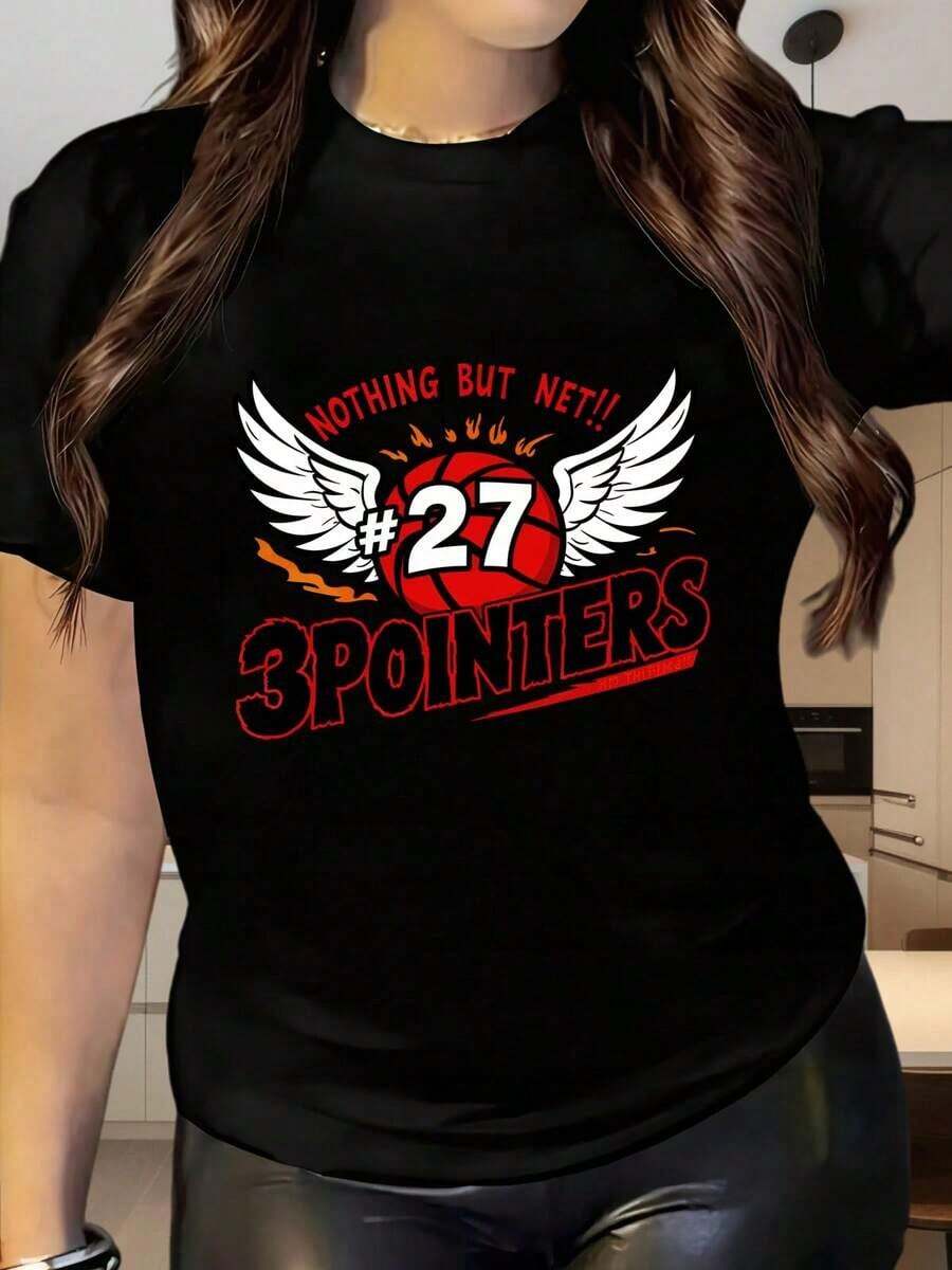 Nothing But Net 27 3pointers Women's Short Sleeve Crew Neck T-Shirt, Women's Basketball T-Shirt, Casual Short Sleeve Graphic Print T-Shirt, Fashionable Sports Top. The Interesting Basketball League Game Print Pattern Is Suitable For Christmas Parties, Sports Activities, Holiday Outings, Sports, And Other Holiday Gifts (220g). - 黑色 - 查看 1
