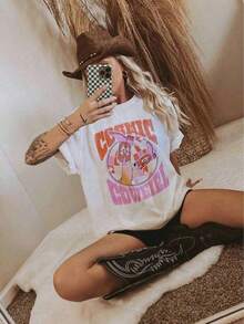 Retro Cosmic Cowgirl T-Shirt - Vintage Disco Cowgirl Graphic Tee - Western Space Style T-Shirt - Country T-Shirt - Rodeo T-Shirt - Stylish Casual T-Shirts - 100% Cotton Activewear, Breathable And Comfortable - 黑色 - 查看 3