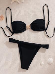 Sexy Two-Piece Bikini For Women, Adjustable Lace-Up Design With Starfish Embellishment, Solid Color - JY913BK - 查看 9