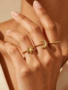 1 pieza Anillo vintage de estrella y luna para mujer, chapado en oro de 18K, acero inoxidable con diseño de estrella y luna, anillo de pareja para boda y fiesta, regalo de joyería - Multicolor - Ver 2