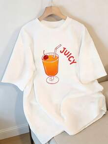 Women's T-Shirt With A Vibrant And Fresh Beverage-Themed Print, Casual Cut Design, Suitable For Everyday Wear And Summer. Perfect For Beach Outings, Brunch, Or Informal Get-Togethers, Featuring Eye-Catching Red Lettering That Says "JUICY" And Fun Cherry Prints. - 白色 - 查看 1