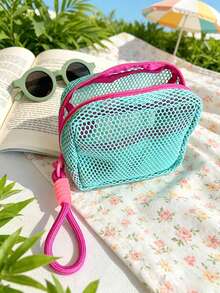 Bolsa de maquillaje de malla de dopamina con cordón (color aleatorio), bolsa portátil y transpirable para almacenamiento de cosméticos y lápiz labial, esencial para viajes - Multicolor - Ver 4