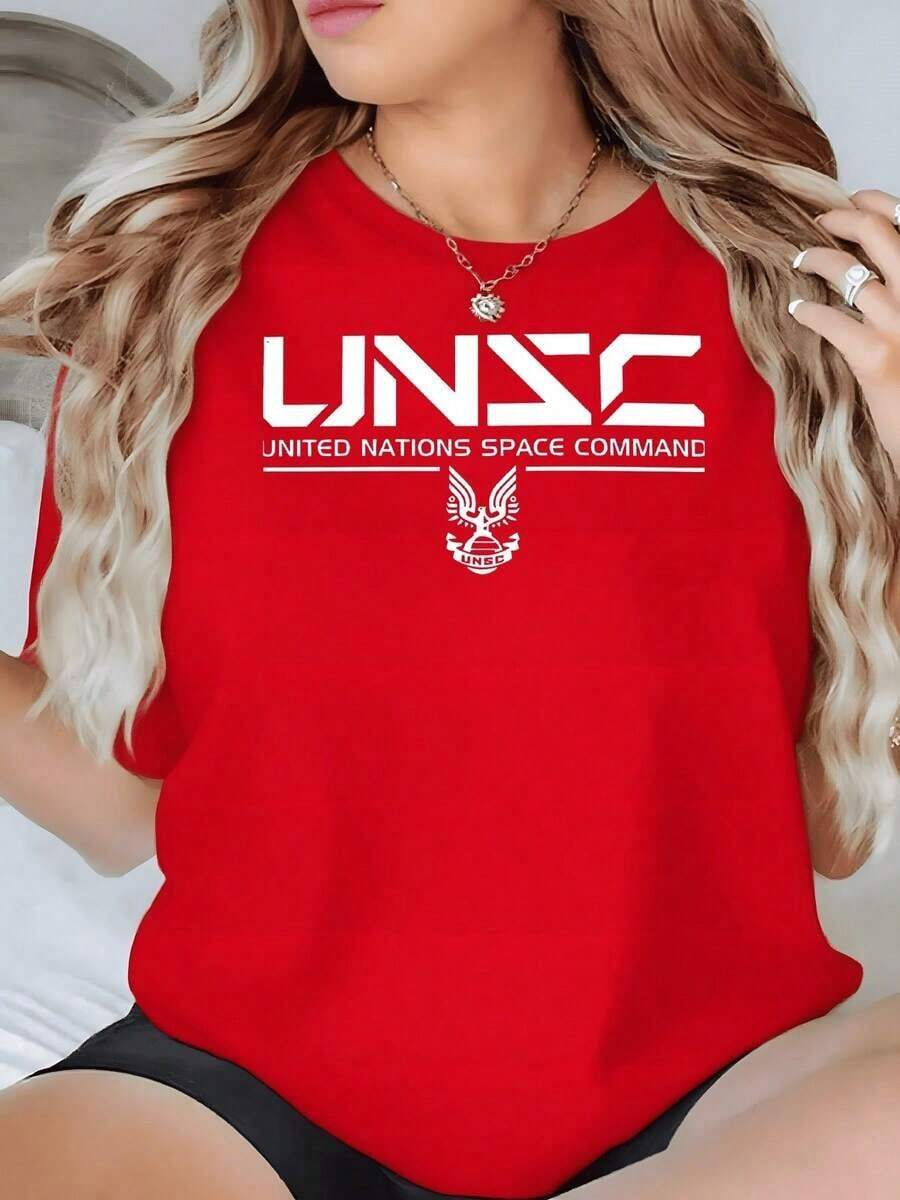 100% Cotton. International Space Command Symbol With Eagle Emblem And Stylized Lettering Conveying Strength And Unity. Women's T-Shirt, 100% Cotton, 220g. Women's Simple Solid Color T-Shirt, Loose And Slim Fit Casual Short Sleeve - 紅色的 - 查看 1