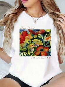 100% Cotton. Colorful Floral Art Symbolizing Vitality And Inner Joy With Abstract Brushstrokes Evoking Natural Freedom. Soft, 100% Cotton, Casual, And Comfortable Women's T-Shirt. Women's Simple Solid Color T-Shirt, Loose And Slim Fit Casual Short Sleeve - 白色的 - 查看 9