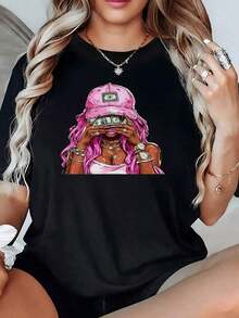 100% Cotton. Image Of A Woman With Pink Hair Holding Banknotes In Front Of Her Eyes, Showing Modern Confidence And Urban Luxury. Women's 100% Cotton T-Shirt, Comfortable And Soft For Everyday Wear. Women's Simple Solid Color T-Shirt, Loose And Slim Fit Casual Short Sleeve - 白色的 - 查看 9