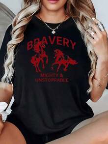 100% Cotton. Horses In A Defiant Stance Symbolizing Courage, Strength, And An Unstoppable Spirit. Women's 100% Cotton 220g T-Shirt, Comfortable And Casual. Women's Simple Solid Color T-Shirt, Loose And Slim Fit Casual Short Sleeve - 黑色 - 查看 1