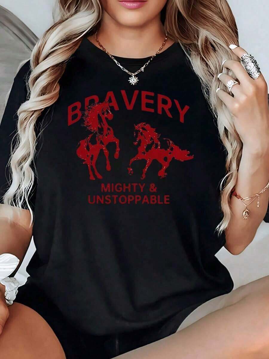 100% Cotton. Horses In A Defiant Stance Symbolizing Courage, Strength, And An Unstoppable Spirit. Women's 100% Cotton 220g T-Shirt, Comfortable And Casual. Women's Simple Solid Color T-Shirt, Loose And Slim Fit Casual Short Sleeve - 黑色 - 查看 1