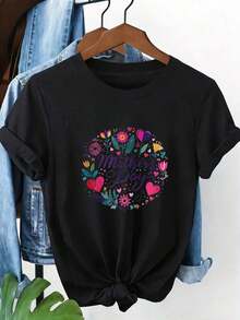Premium 100% Cotton Floral Print T-Shirt Y2K - Short Sleeve, Crew Neck, Pullover Style With Knotted Hem And Rolled Cuffs, Soft Summer T-Shirt, Ideal For Pairing With A Denim Jacket, A Gift For Mom. Simple Solid Color T-Shirt, Loose And Fitted Cut, Casual Short Sleeves. Gift Idea. - 黑色 - 查看 1