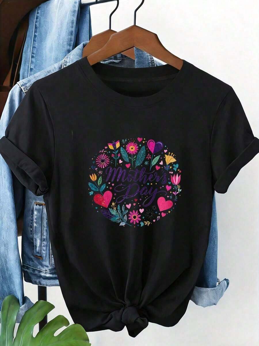Premium 100% Cotton Floral Print T-Shirt Y2K - Short Sleeve, Crew Neck, Pullover Style With Knotted Hem And Rolled Cuffs, Soft Summer T-Shirt, Ideal For Pairing With A Denim Jacket, A Gift For Mom. Simple Solid Color T-Shirt, Loose And Fitted Cut, Casual Short Sleeves. Gift Idea. - 黑色 - 查看 1