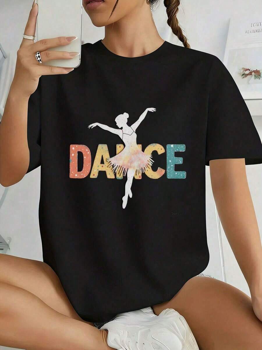 Premium Black Loose-Fitting T-Shirt Featuring A White Ballerina Silhouette And The Word "DANCE" In A Color Gradient. | Casual Crew Neck, Perfect For Dance Enthusiasts, Spring/Summer, Regular Fit, Solid Color Short-Sleeved Crew Neck T-Shirt, Versatile Basic Undergarment, Women's Summer Top. Gift Idea. - 黑色 - 查看 1