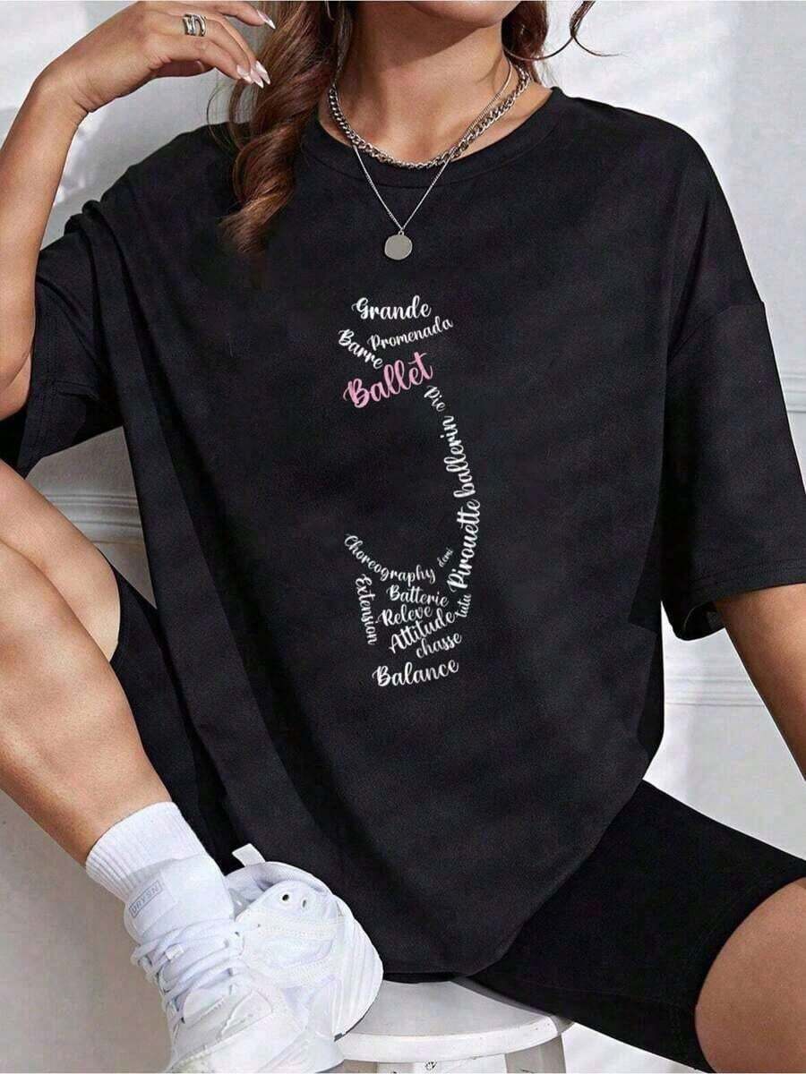 Women's Blouses - 1 Piece Funny Ballet Dancer Graphic T-Shirt - Printed Crew Neck T-Shirt For Women - Casual Crew Neck, Short Sleeve, Breathable, 100% Cotton, 180g, 100% Soft Cotton - 黑色 - 查看 1