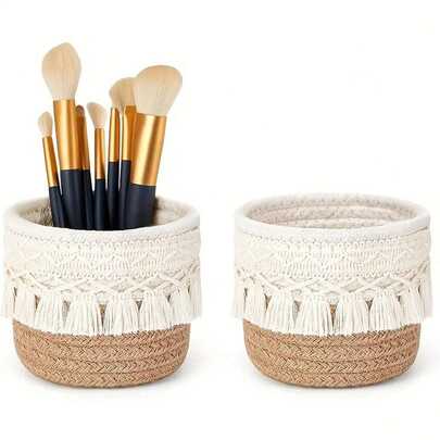 Tassel Desktop Storage Basket, Makeup Brush Storage Box, Round Woven Storage Ba…