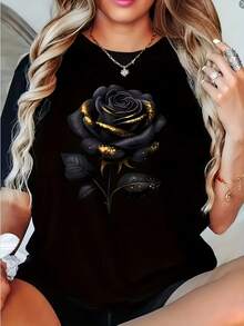 Women's T-Shirt With Black Rose Print - Soft And Stretchy Short Sleeve, Round Neck, Machine Washable, Casual For All Seasons, Summer Clothing For Women, Elegant Style, Comfortable Fit - 黑色 - 查看 1
