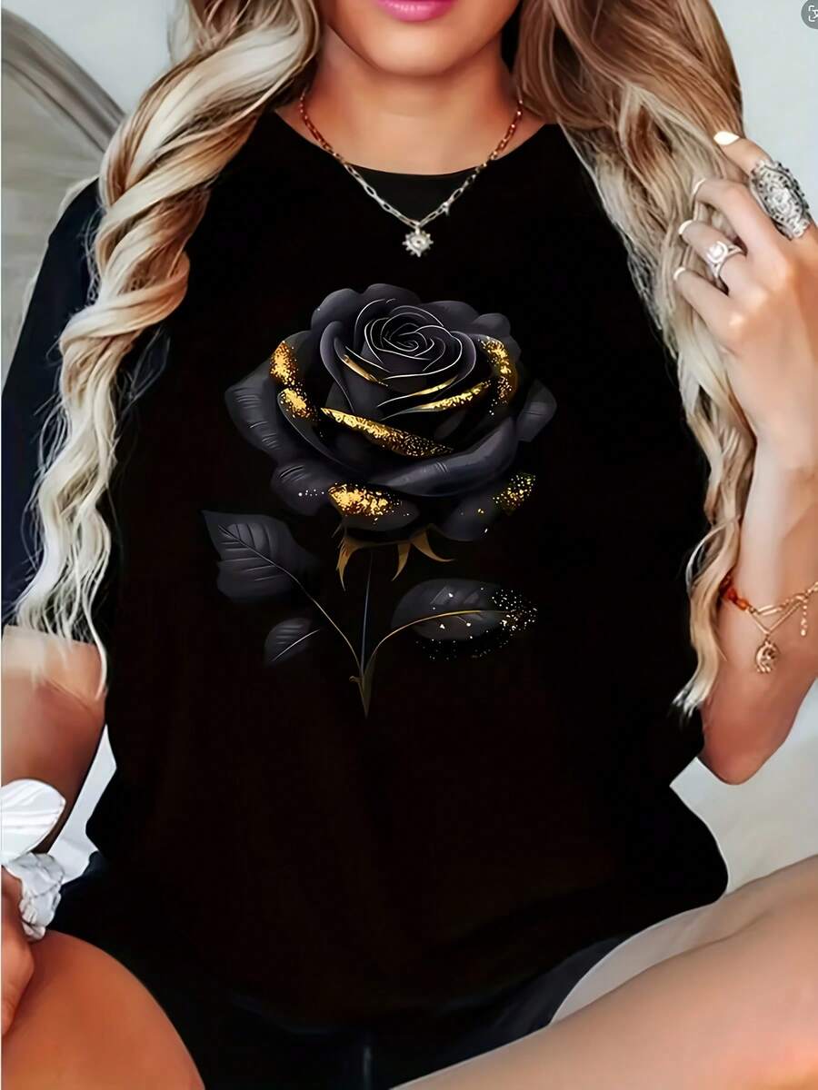 Women's T-Shirt With Black Rose Print - Soft And Stretchy Short Sleeve, Round Neck, Machine Washable, Casual For All Seasons, Summer Clothing For Women, Elegant Style, Comfortable Fit - 黑色 - 查看 1