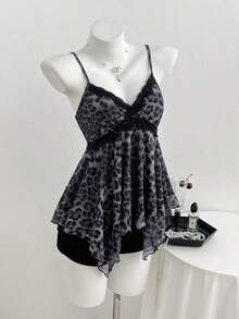 Top de mujer con estampado de leopardo y dobladillo asimétrico con encaje - Gris Oscuro - Ver 5