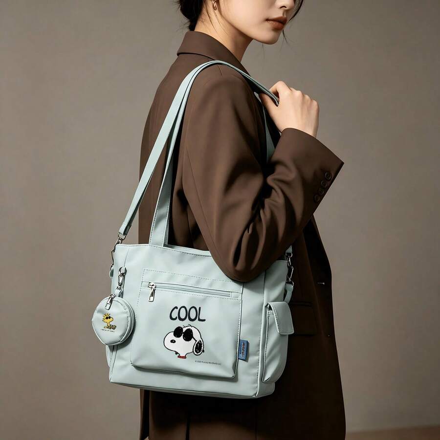 Miniso Peanuts Snoopy "Cool" 時尚眼鏡印花薄荷綠休閒多功能大容量托特包 2 件組,附可拆卸零錢包,多種攜帶方式,適合上班、旅行、購物和日常使用 - 薄荷綠 - 查看 1